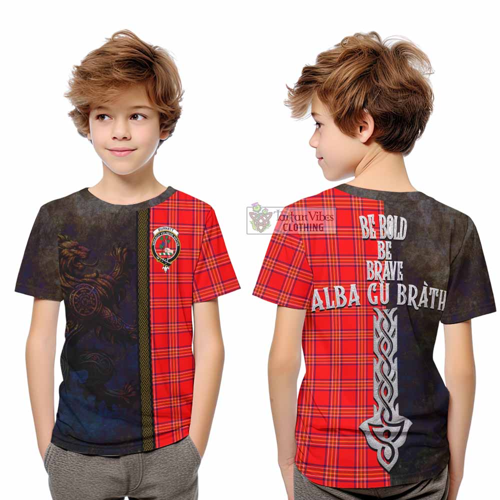 Tartan Vibes Clothing Burnett Tartan Family Crest Kid T-Shirt Alba Gu Brath Be Brave Lion Ancient Style