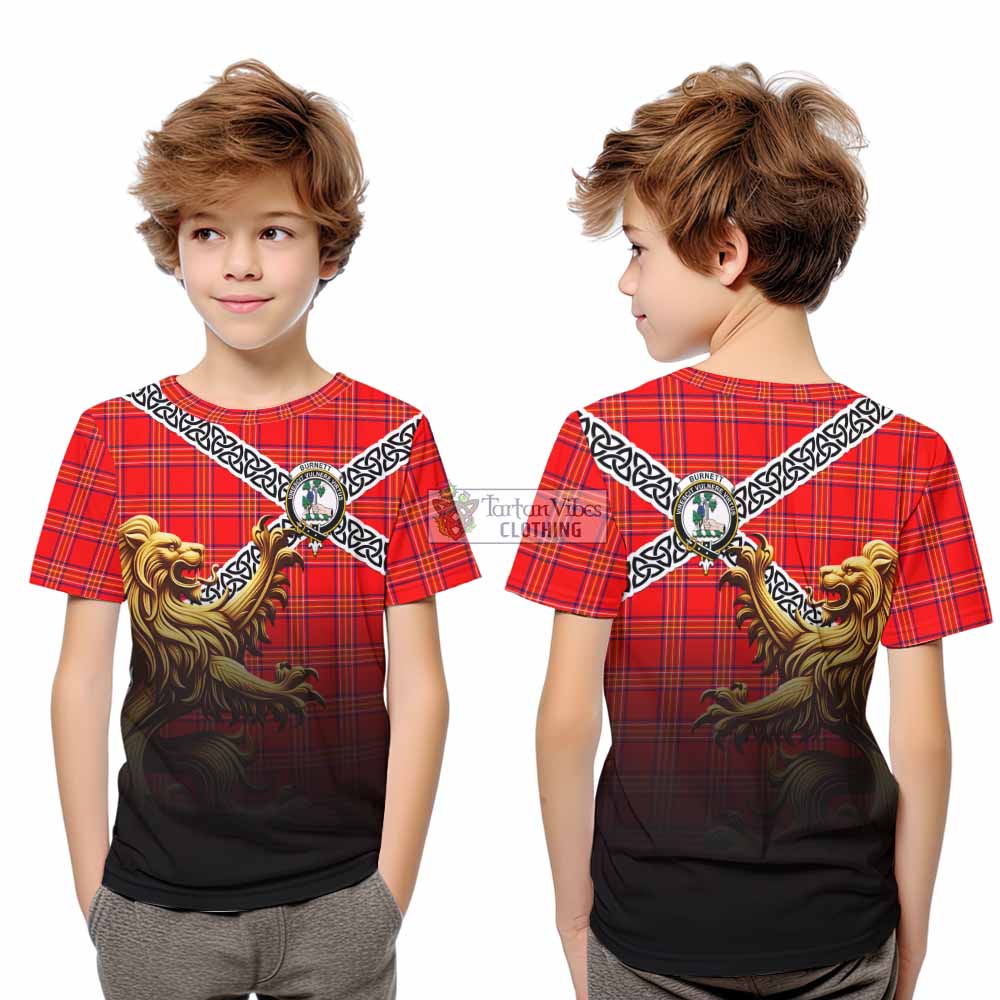 Tartan Vibes Clothing Burnett Crest Tartan Kid T-Shirt with Golden Lion Emblem Celtic Style