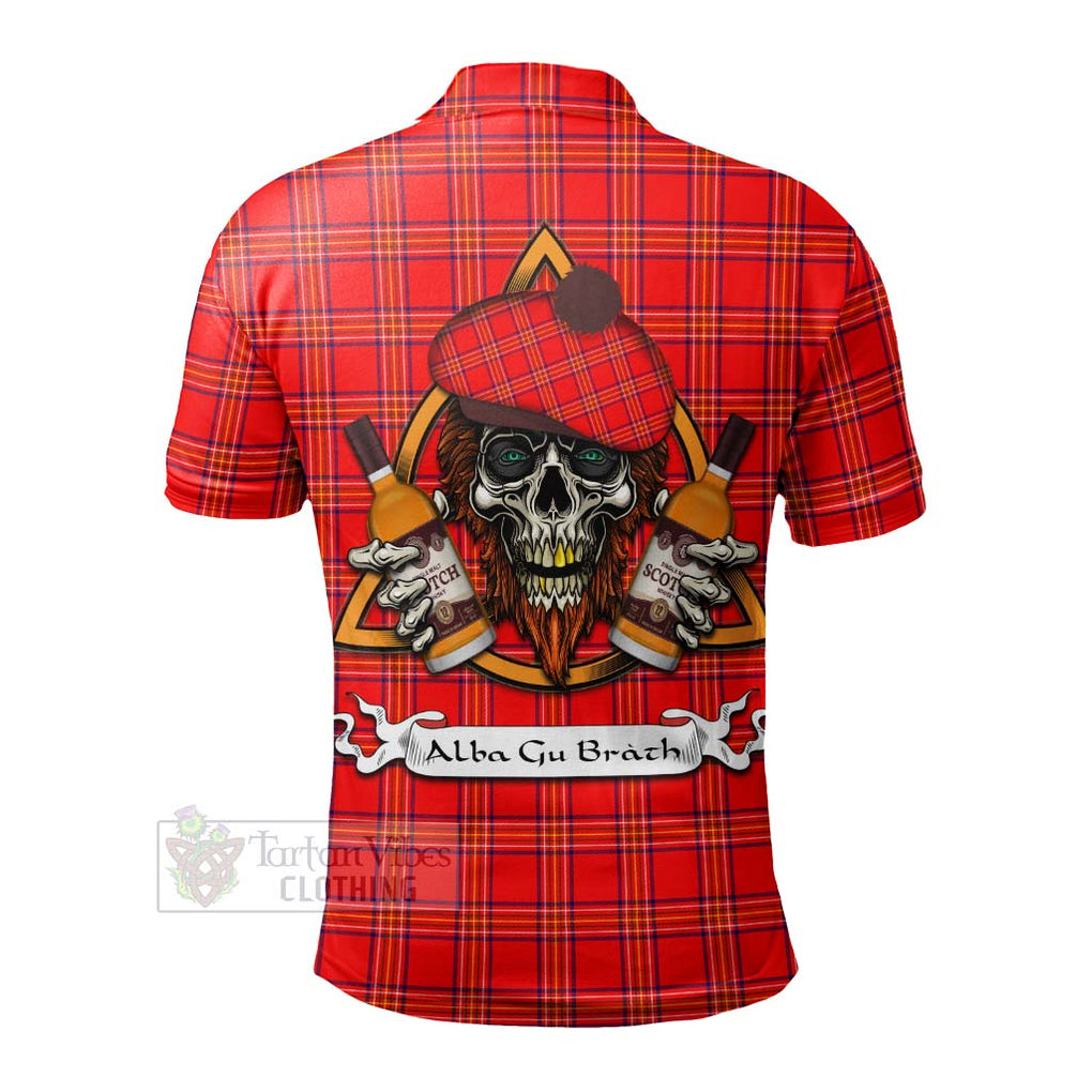 Tartan Vibes Clothing Burnett Tartan Polo Shirt with Family Crest and Bearded Skull Holding Bottles of Whiskey