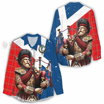 Tartan Vibes Clothing Burnett Tartan Women's Casual Shirt with Family Crest Scottish Bagpiper Vibes