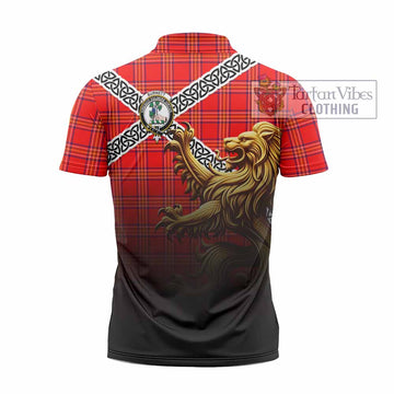 Burnett Crest Tartan Zipper Polo Shirt with Golden Lion Emblem Celtic Style