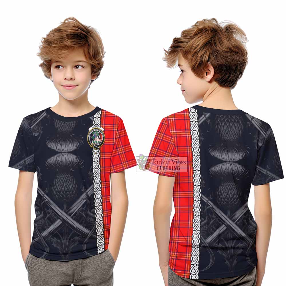 Tartan Vibes Clothing Burnett Tartan Kid T-Shirt with Family Crest Cross Sword Thistle Celtic Vibes