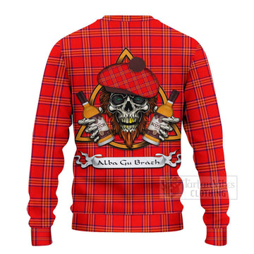 Tartan Vibes Clothing Burnett Tartan Knitted Sweater with Family Crest and Bearded Skull Holding Bottles of Whiskey
