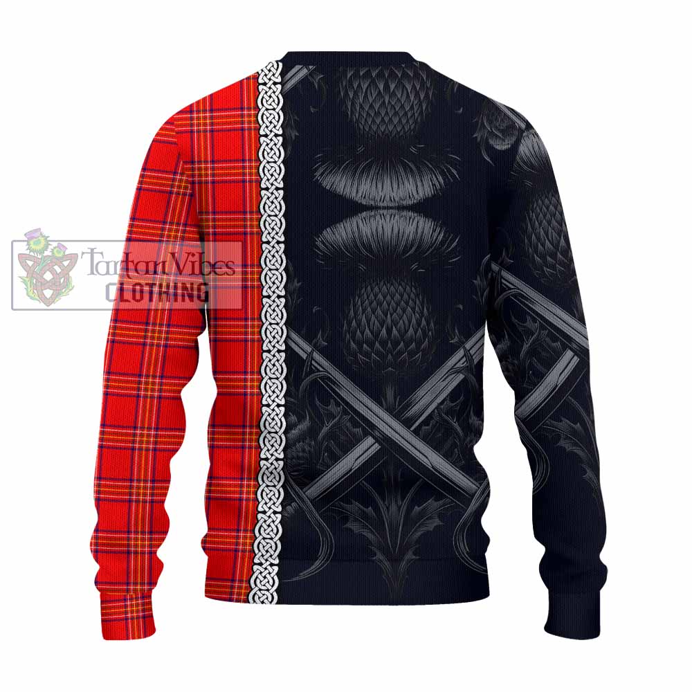 Tartan Vibes Clothing Burnett Tartan Knitted Sweater with Family Crest Cross Sword Thistle Celtic Vibes
