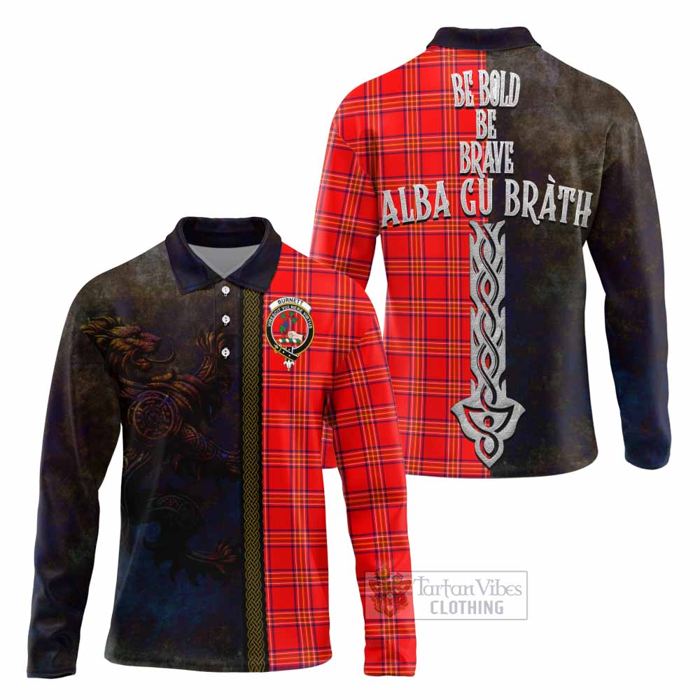 Tartan Vibes Clothing Burnett Tartan Family Crest Long Sleeve Polo Shirt Alba Gu Brath Be Brave Lion Ancient Style