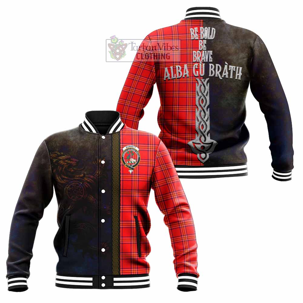 Tartan Vibes Clothing Burnett Tartan Family Crest Baseball Jacket Alba Gu Brath Be Brave Lion Ancient Style