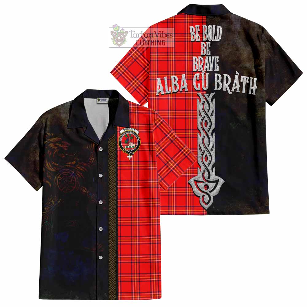 Tartan Vibes Clothing Burnett Tartan Family Crest Short Sleeve Button Shirt Alba Gu Brath Be Brave Lion Ancient Style