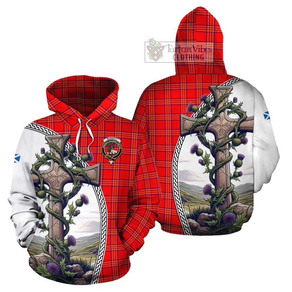 Tartan Vibes Clothing Burnett Tartan Cotton Hoodie with Family Crest and St. Andrew's Cross Accented by Thistle Vines