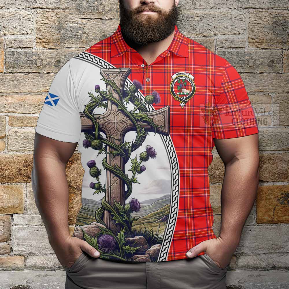 Tartan Vibes Clothing Burnett Tartan Polo Shirt with Family Crest and St. Andrew's Cross Accented by Thistle Vines