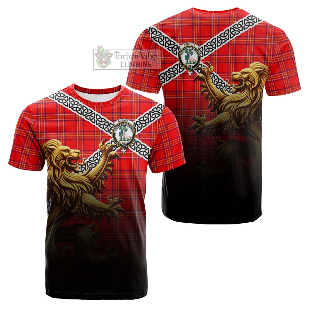 Tartan Vibes Clothing Burnett Crest Tartan Cotton T-shirt with Golden Lion Emblem Celtic Style