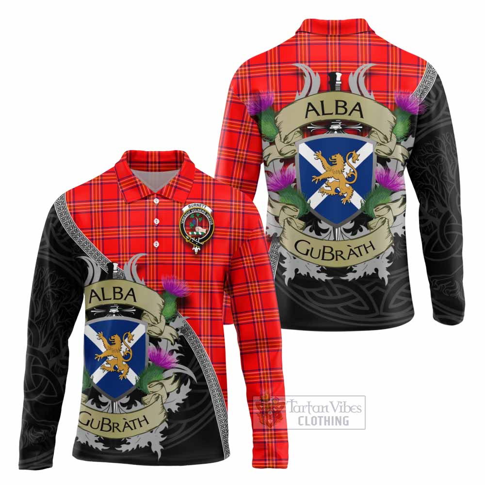 Tartan Vibes Clothing Burnett Tartan Family Crest Long Sleeve Polo Shirt Lion Rampant Royal Thistle Shield Celtic Inspired