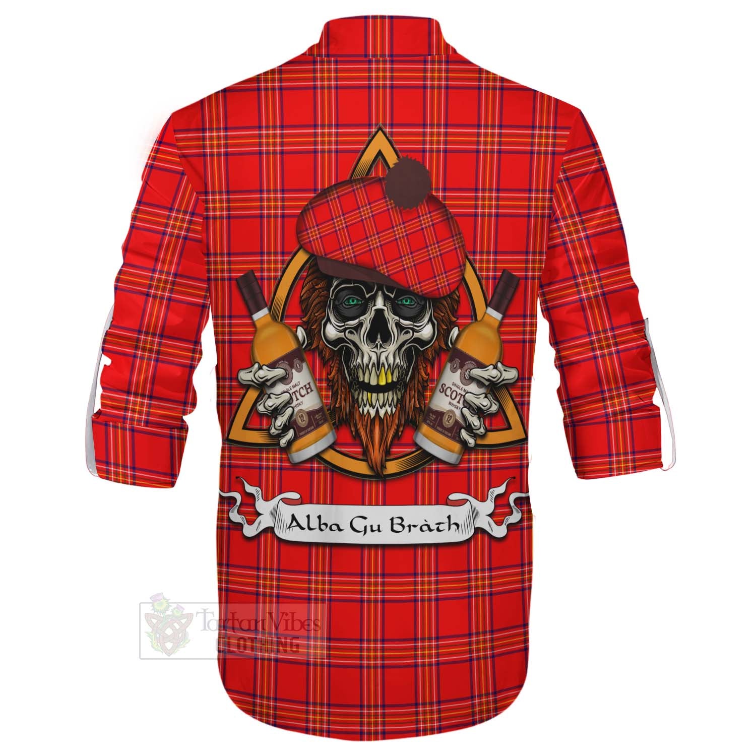 Tartan Vibes Clothing Burnett Tartan Ghillie Kilt Shirt with Family Crest and Bearded Skull Holding Bottles of Whiskey