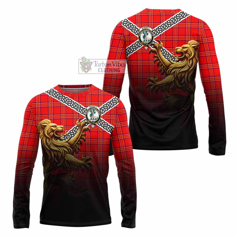 Tartan Vibes Clothing Burnett Crest Tartan Long Sleeve T-Shirt with Golden Lion Emblem Celtic Style