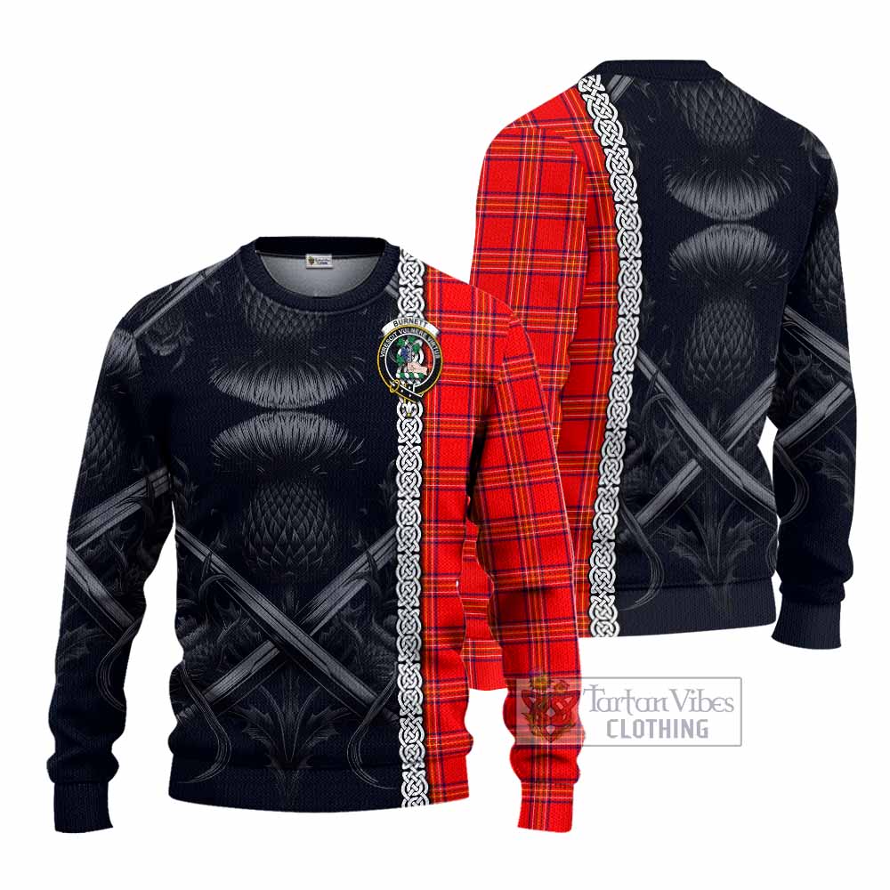 Tartan Vibes Clothing Burnett Tartan Knitted Sweater with Family Crest Cross Sword Thistle Celtic Vibes