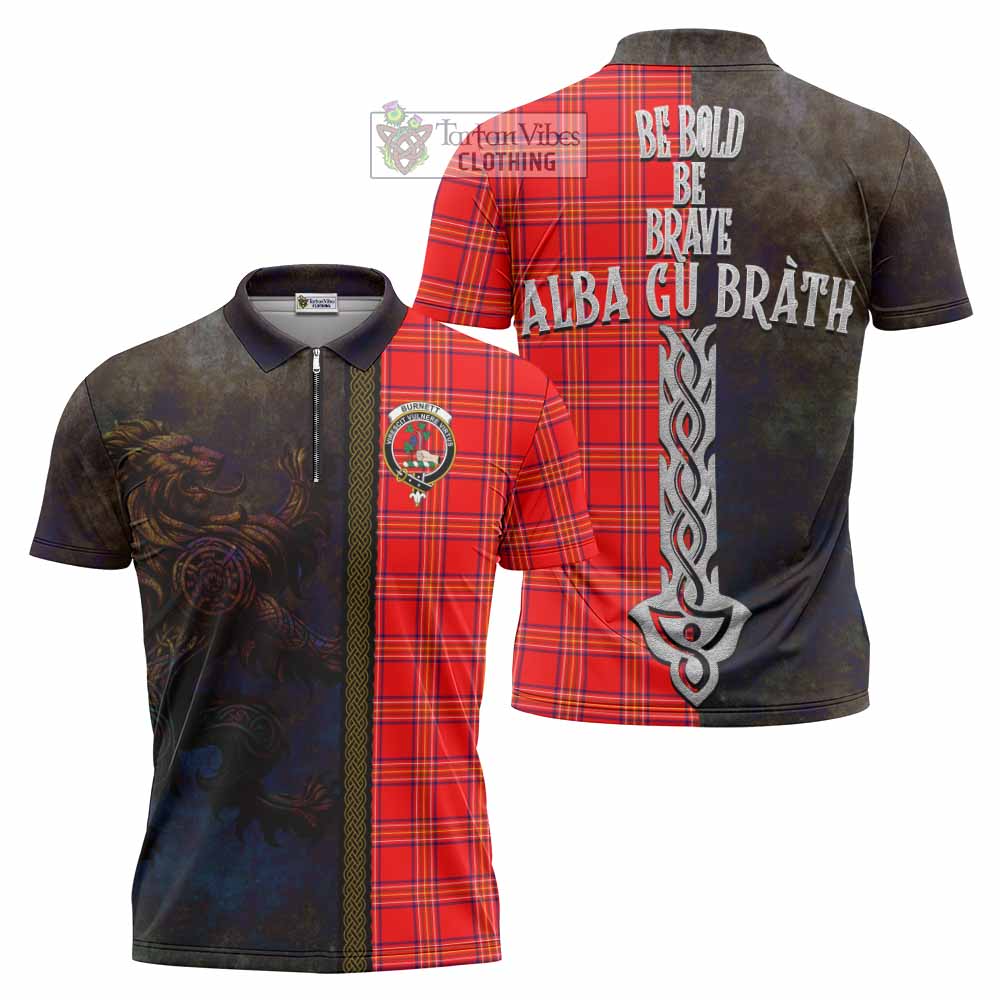 Tartan Vibes Clothing Burnett Tartan Family Crest Zipper Polo Shirt Alba Gu Brath Be Brave Lion Ancient Style