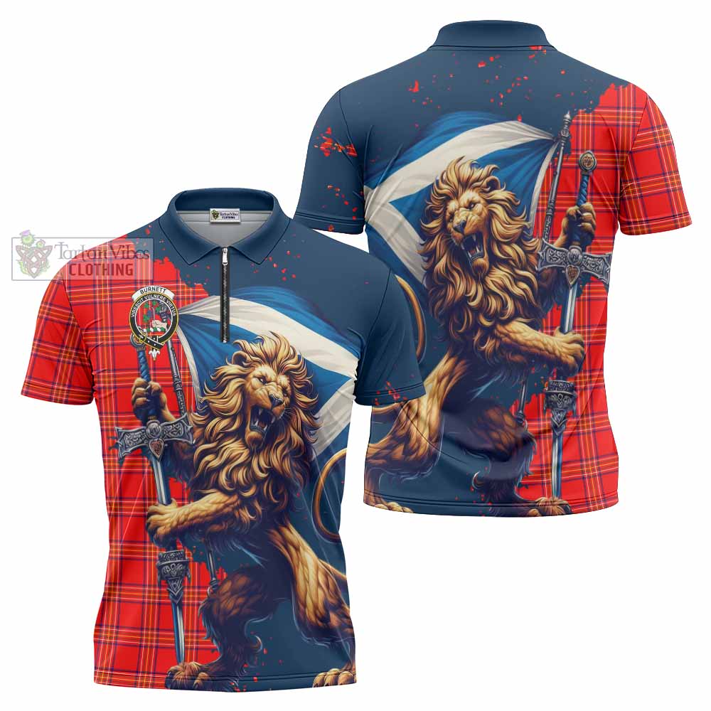 Tartan Vibes Clothing Burnett Tartan Family Crest Zipper Polo Shirt with Scottish Majestic Lion