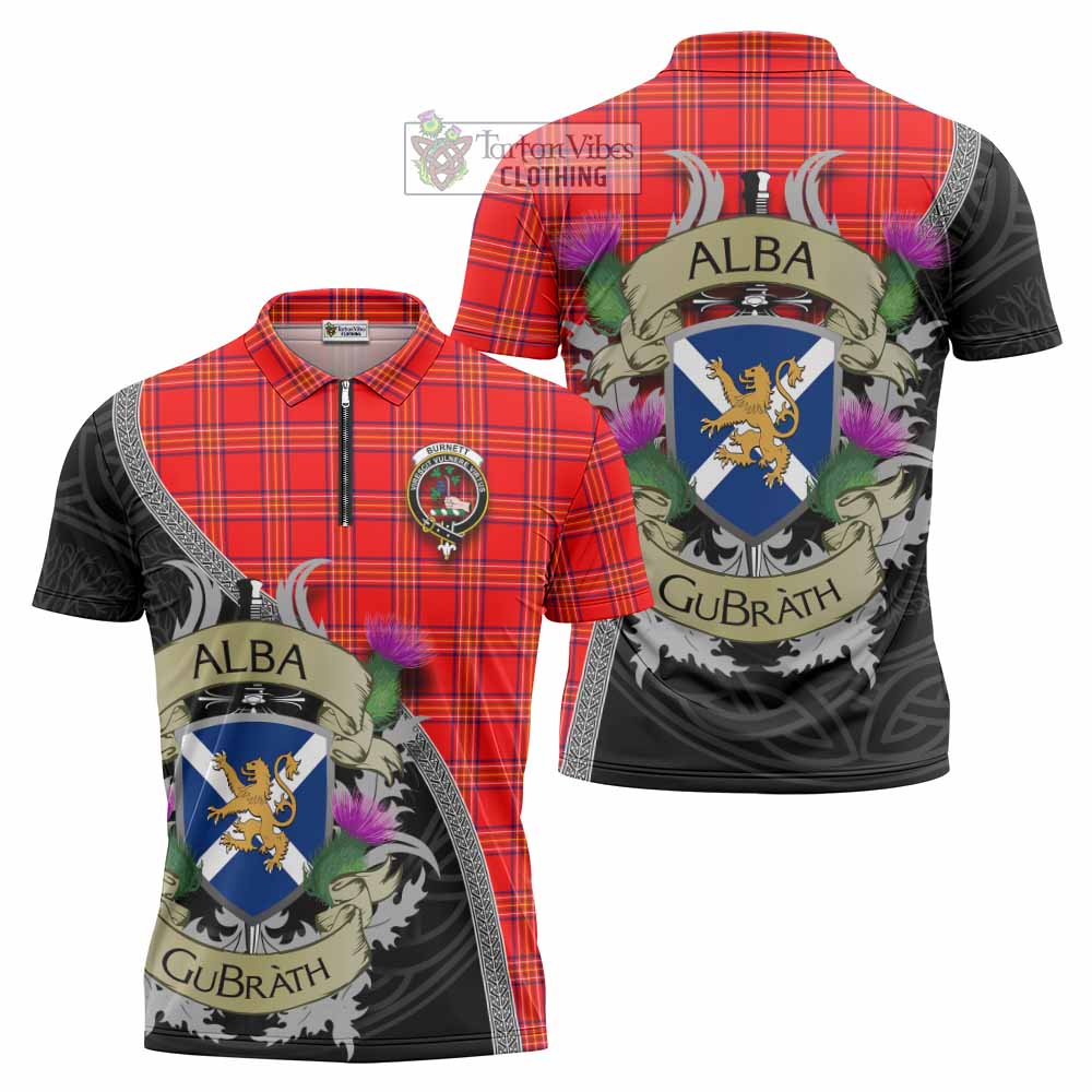 Tartan Vibes Clothing Burnett Tartan Family Crest Zipper Polo Shirt Lion Rampant Royal Thistle Shield Celtic Inspired