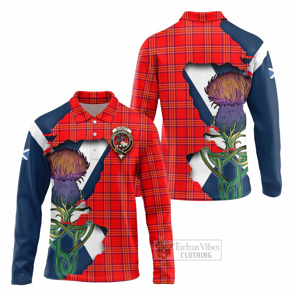 Tartan Vibes Clothing Burnett Tartan Family Crest Long Sleeve Polo Shirt Scottish Thistle Celtic Inspired