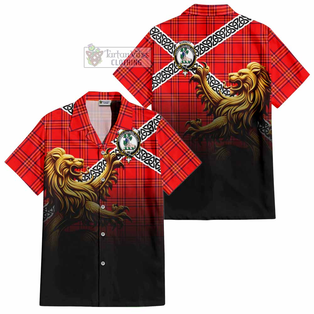 Tartan Vibes Clothing Burnett Crest Tartan Short Sleeve Button Shirt with Golden Lion Emblem Celtic Style