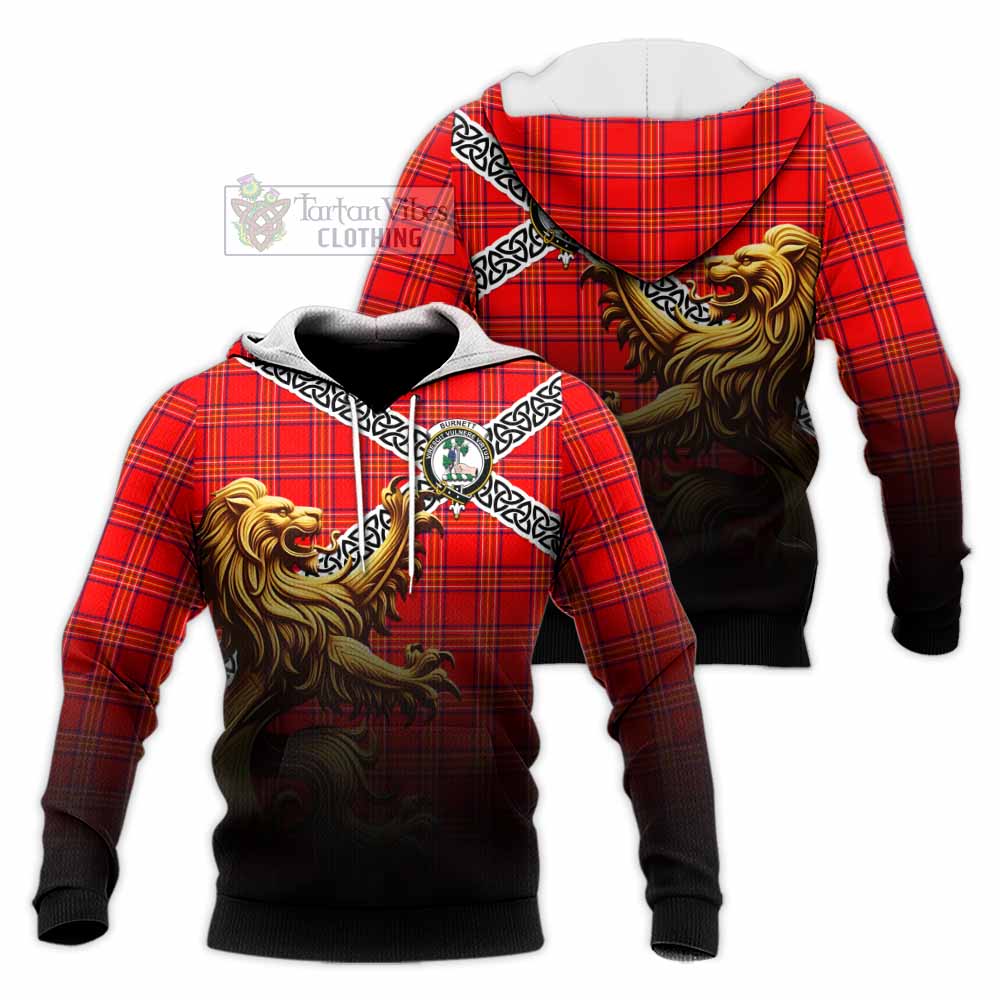 Tartan Vibes Clothing Burnett Crest Tartan Knitted Hoodie with Golden Lion Emblem Celtic Style