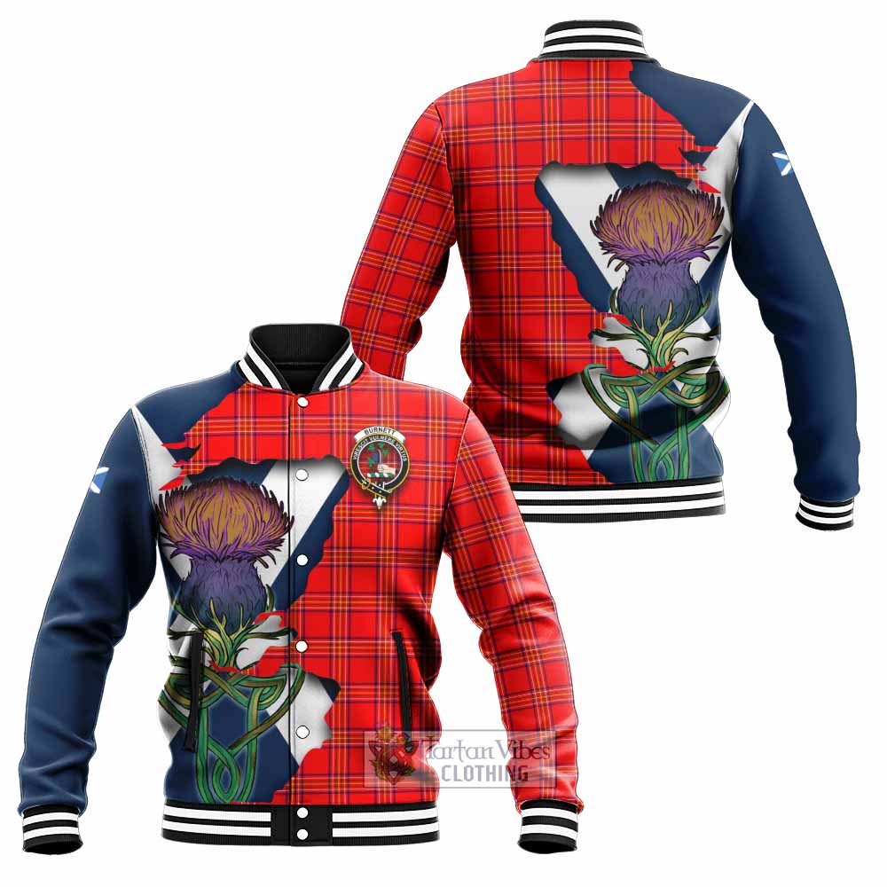 Tartan Vibes Clothing Burnett Tartan Family Crest Baseball Jacket Scottish Thistle Celtic Inspired