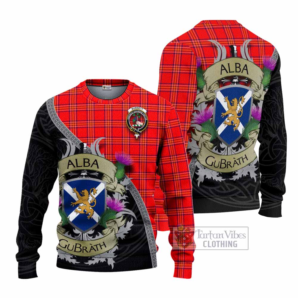 Tartan Vibes Clothing Burnett Tartan Family Crest Knitted Sweater Lion Rampant Royal Thistle Shield Celtic Inspired