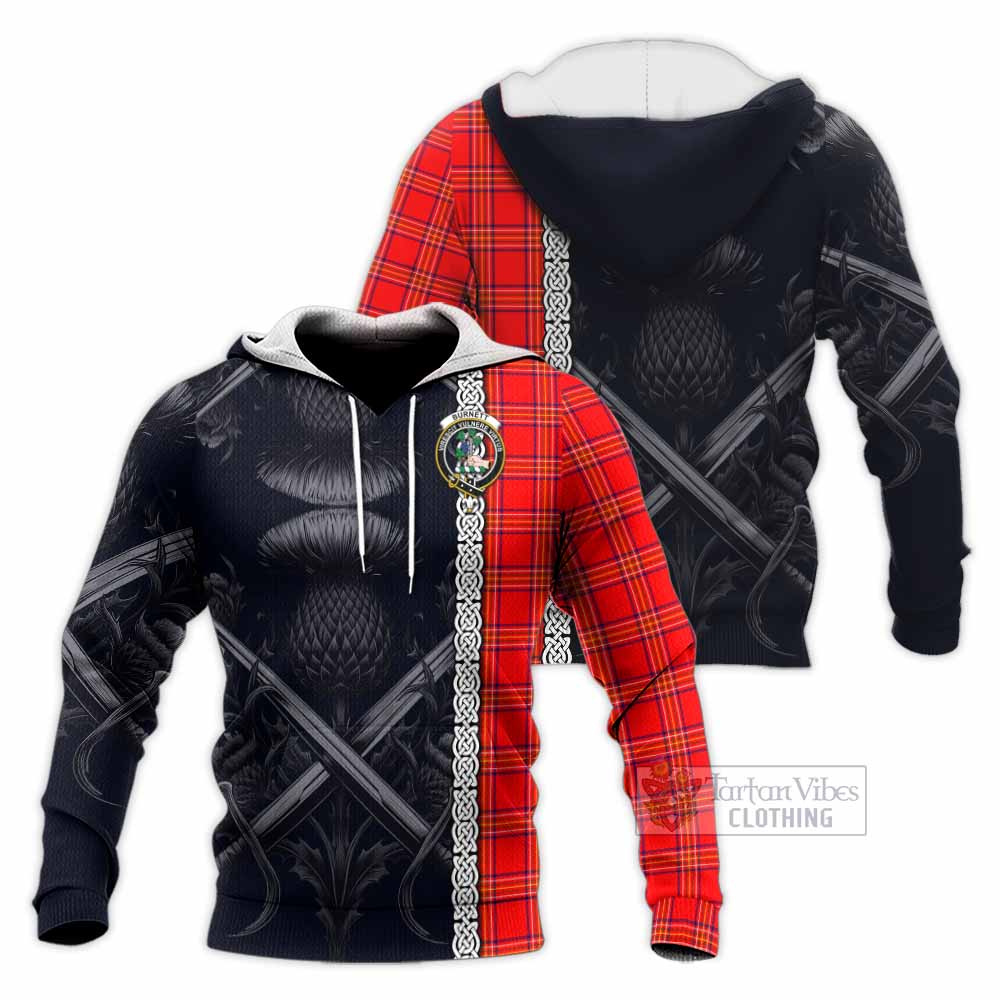 Tartan Vibes Clothing Burnett Tartan Knitted Hoodie with Family Crest Cross Sword Thistle Celtic Vibes