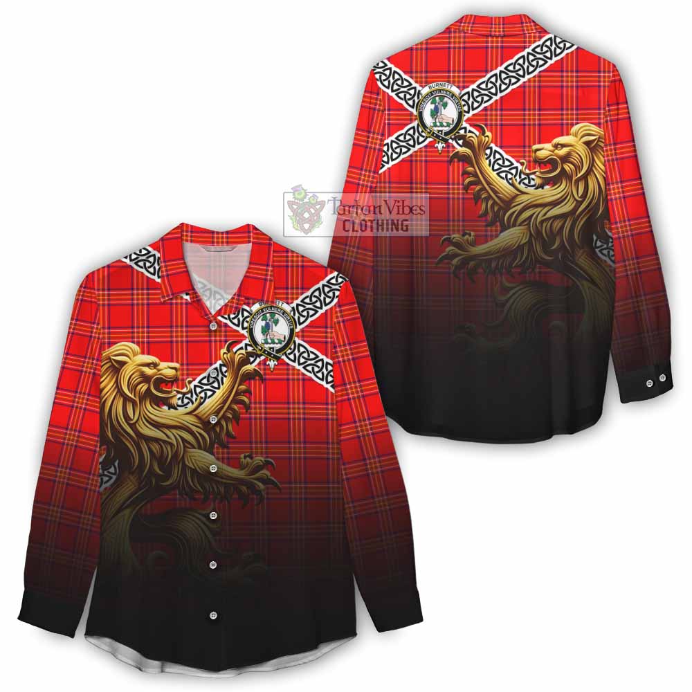 Tartan Vibes Clothing Burnett Crest Tartan Women's Casual Shirt with Golden Lion Emblem Celtic Style