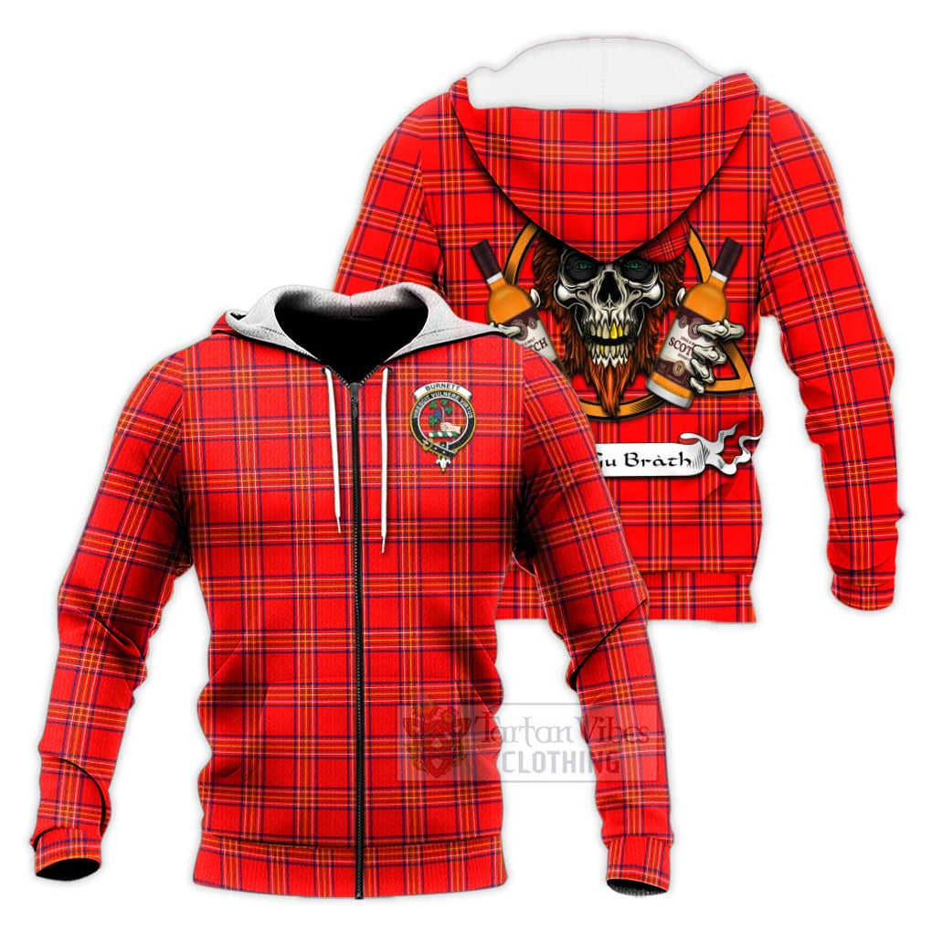 Tartan Vibes Clothing Burnett Tartan Knitted Hoodie with Family Crest and Bearded Skull Holding Bottles of Whiskey