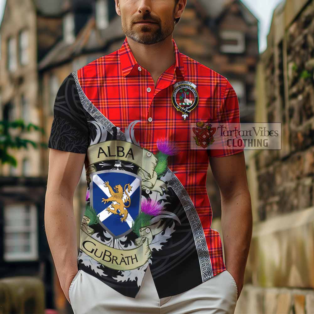 Tartan Vibes Clothing Burnett Tartan Family Crest Short Sleeve Button Shirt Lion Rampant Royal Thistle Shield Celtic Inspired