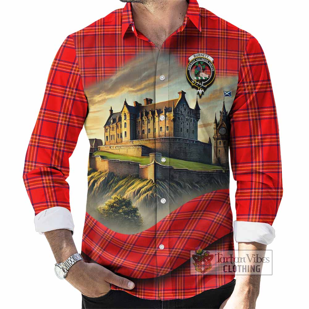 Tartan Vibes Clothing Burnett Tartan Family Crest Long Sleeve Button Shirt with Scottish Ancient Castle Style