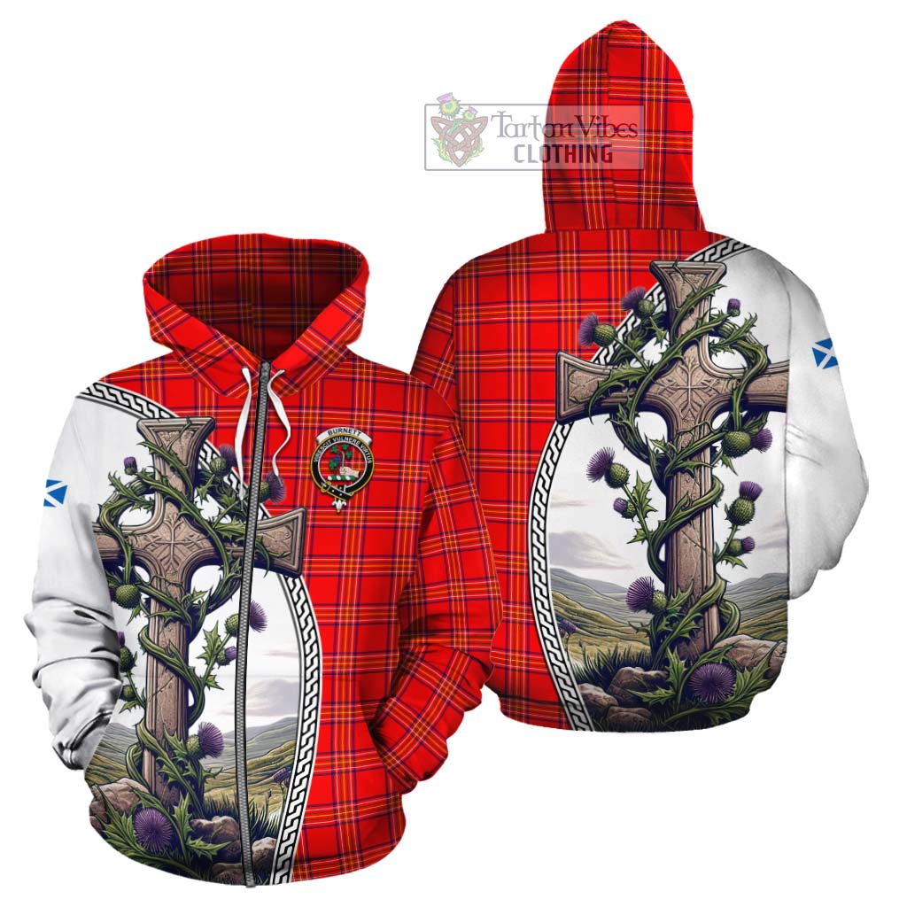 Tartan Vibes Clothing Burnett Tartan Cotton Hoodie with Family Crest and St. Andrew's Cross Accented by Thistle Vines