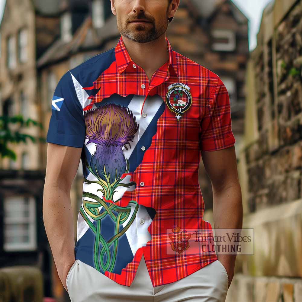 Tartan Vibes Clothing Burnett Tartan Family Crest Short Sleeve Button Shirt Scottish Thistle Celtic Inspired
