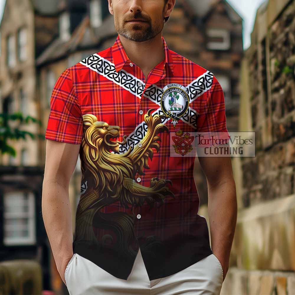 Tartan Vibes Clothing Burnett Crest Tartan Short Sleeve Button Shirt with Golden Lion Emblem Celtic Style