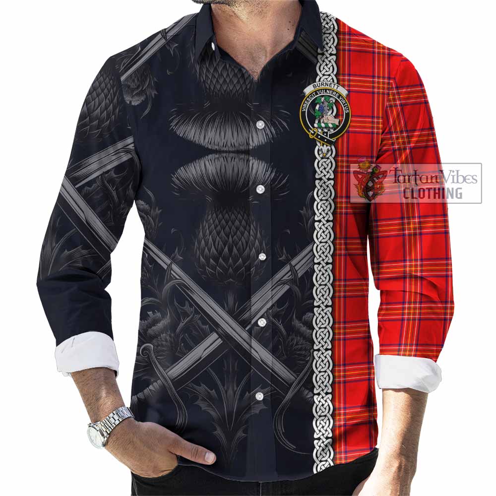 Tartan Vibes Clothing Burnett Tartan Long Sleeve Button Shirt with Family Crest Cross Sword Thistle Celtic Vibes