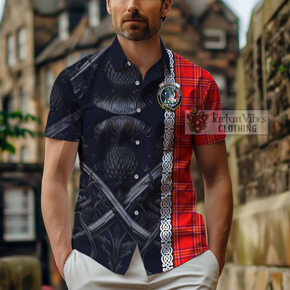 Tartan Vibes Clothing Burnett Tartan Short Sleeve Button Shirt with Family Crest Cross Sword Thistle Celtic Vibes