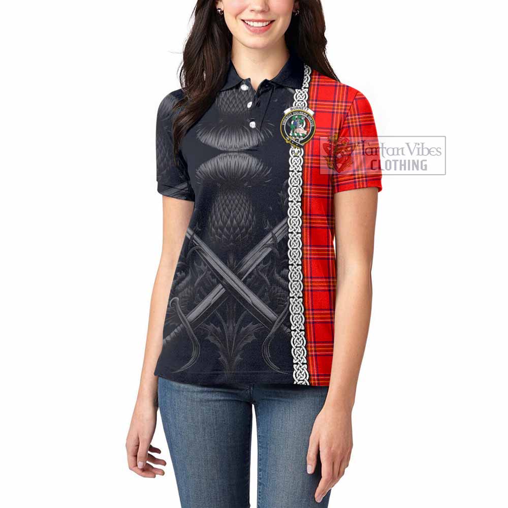 Tartan Vibes Clothing Burnett Tartan Women's Polo Shirt with Family Crest Cross Sword Thistle Celtic Vibes