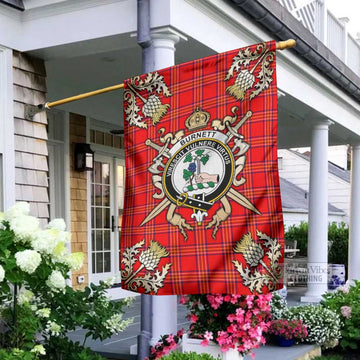 Burnett Tartan Garden Flag with Family Crest and Golden Thistle Crossed Sword Design