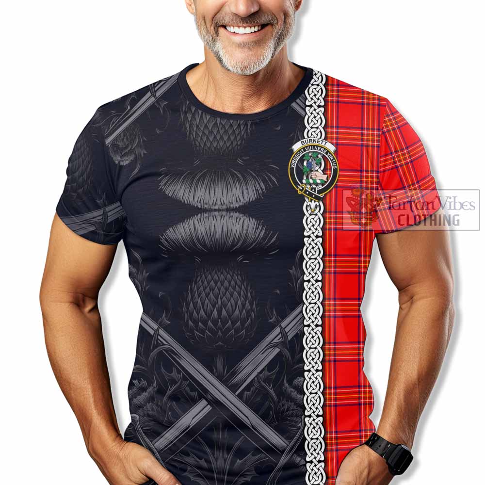 Tartan Vibes Clothing Burnett Tartan T-Shirt with Family Crest Cross Sword Thistle Celtic Vibes