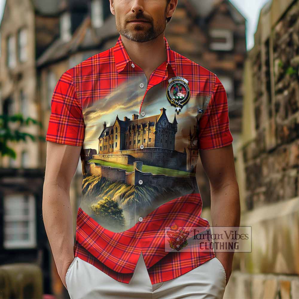 Tartan Vibes Clothing Burnett Tartan Family Crest Short Sleeve Button Shirt with Scottish Ancient Castle Style