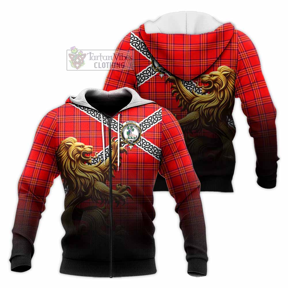 Tartan Vibes Clothing Burnett Crest Tartan Knitted Hoodie with Golden Lion Emblem Celtic Style