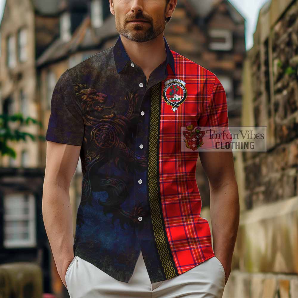 Tartan Vibes Clothing Burnett Tartan Family Crest Short Sleeve Button Shirt Alba Gu Brath Be Brave Lion Ancient Style