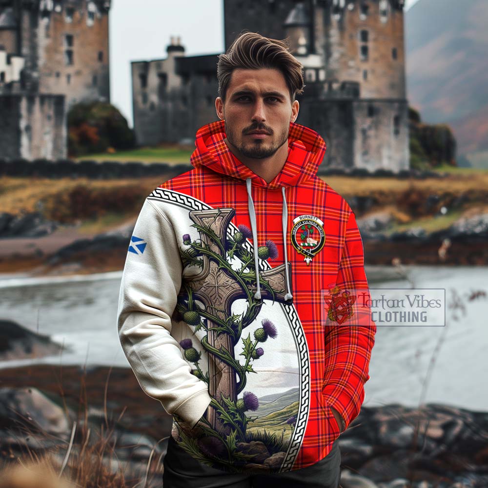 Tartan Vibes Clothing Burnett Tartan Cotton Hoodie with Family Crest and St. Andrew's Cross Accented by Thistle Vines