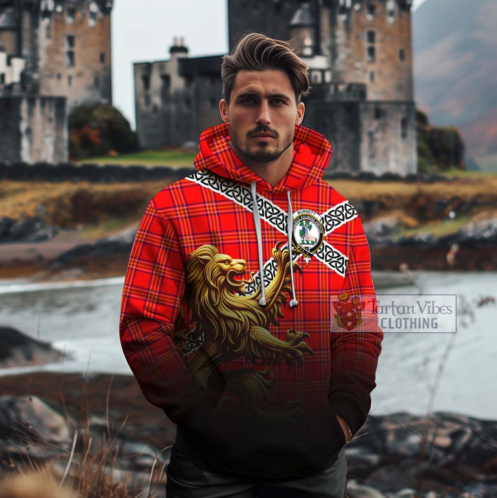 Tartan Vibes Clothing Burnett Crest Tartan Cotton Hoodie with Golden Lion Emblem Celtic Style
