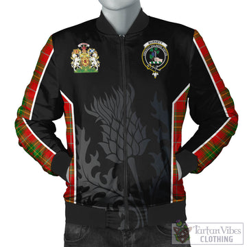 Burnett Ancient Tartan Bomber Jacket with Family Crest and Scottish Thistle Vibes Sport Style