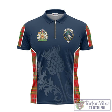 Burnett Ancient Tartan Zipper Polo Shirt with Family Crest and Scottish Thistle Vibes Sport Style