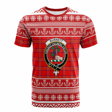 Burnett Clan Tartan Christmas Cotton T-shirt with Family Crest