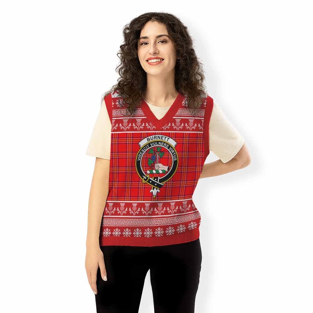 Burnett Clan Tartan Christmas Knitted V-Neck Vest with Family Crest - Tartan Vibes Clothing