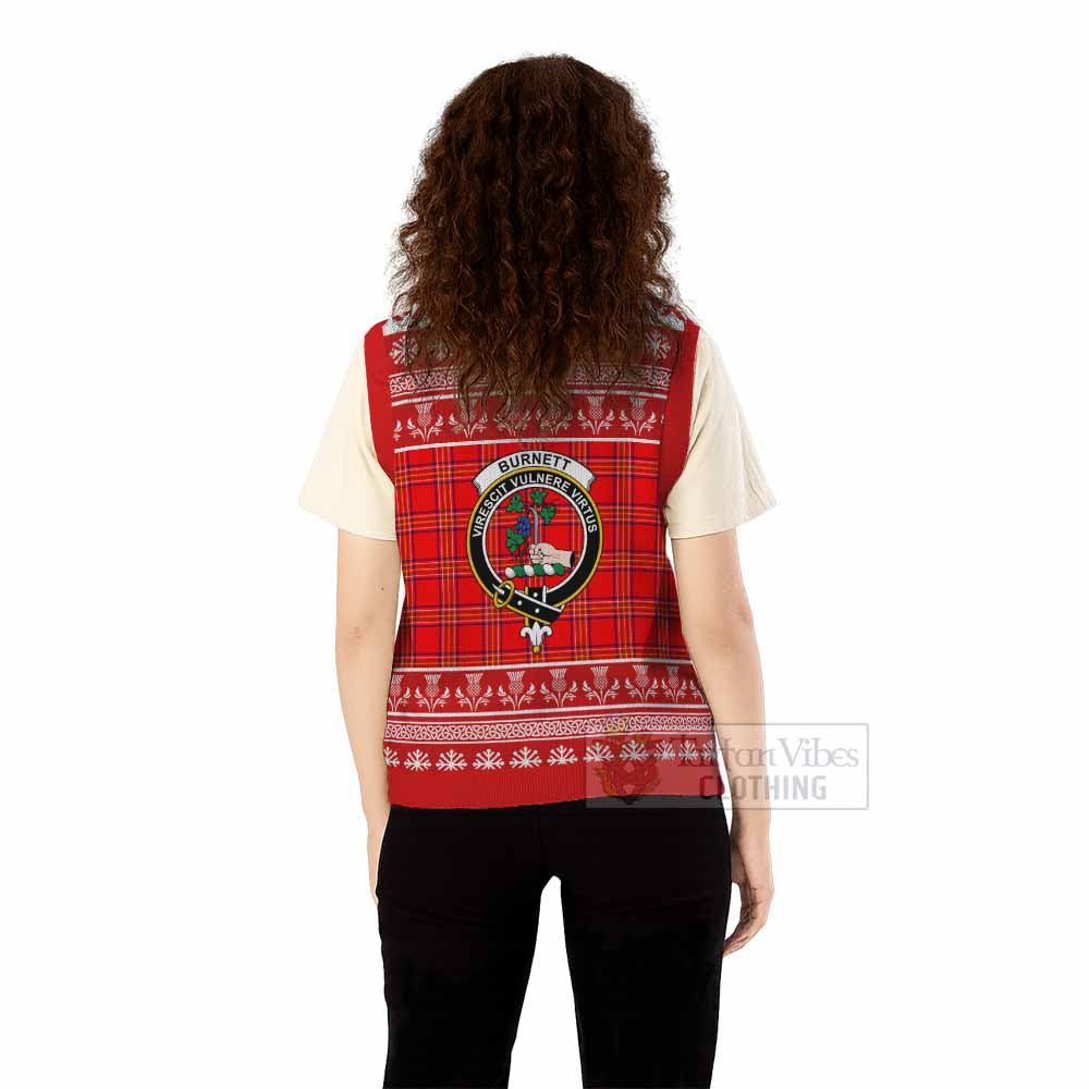Burnett Clan Tartan Christmas Knitted V-Neck Vest with Family Crest - Tartan Vibes Clothing