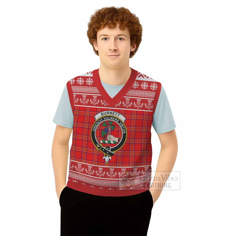 Burnett Clan Tartan Christmas Knitted V-Neck Vest with Family Crest - Tartan Vibes Clothing